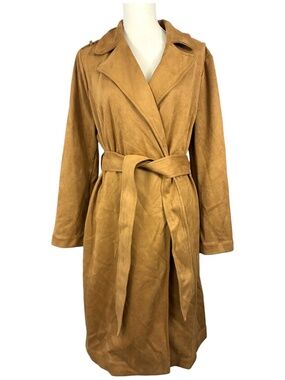 Camel Suede Trench Coat 0X L Long Notched Lapel Waist Tie Jacket Belted Brown